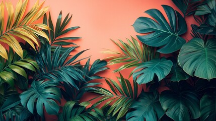 Lush green tropical leaves against a coral background, creating a vibrant, natural aesthetic.
