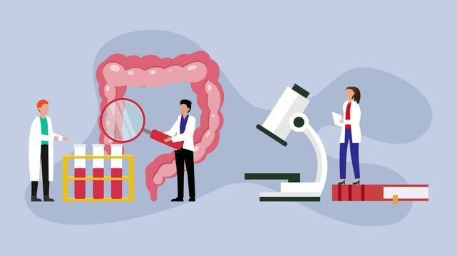 Doctor holds magnifying glass and examines colon cartoon animation