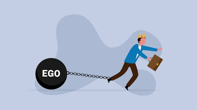 Confidence businessman wear king crown chain with heavy EGO burden weight cartoon animation
