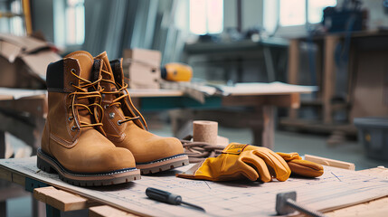 Industrial safety boots and gloves placed on an engineering desk with a drafting table in the background 

