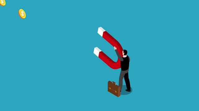Businessman holding a magnet to attract money 3d animation cartoon
