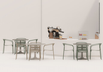 Coffee shop Restaurant design Modern and Minimal, white counter and white gloss beige background ,Wall back counter pastel decor. 3d render	