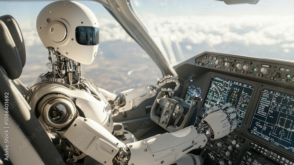 Aufkleber the future of flight: a humanoid robot pilot sits in the cockpit of a private jet, navigating the sk
