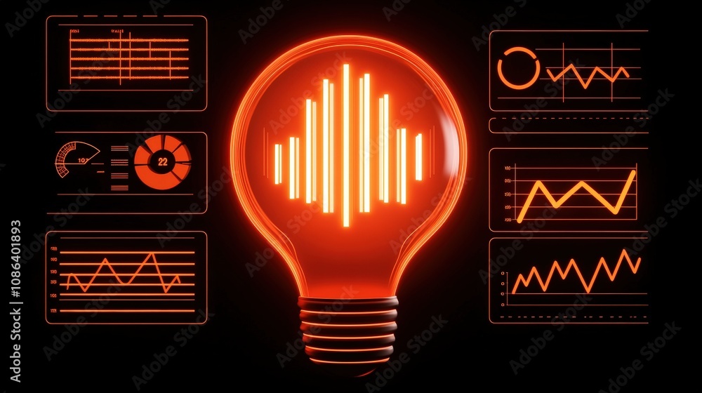 Poster glowing lightbulb with data charts graphs digital marketing concept