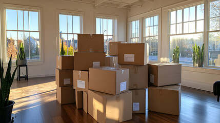 A room filled with stacked cardboard boxes, hinting at a significant life change such as moving out or starting fresh, amidst soft daylight.