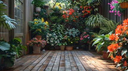 Obraz premium A lush, vibrant patio with a wooden deck surrounded by potted plants and flowers.