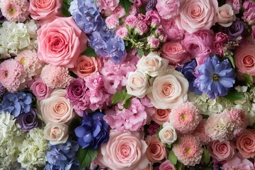 Colorful floral wall with roses, hydrangeas, and other blooms.