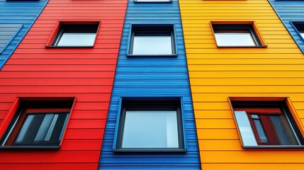 Obraz premium Colorful facade of a building with vibrant panels and windows.
