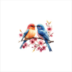 Watercolor lovebirds couple on a branch illustration. love Birds and heart watercolor vector.
