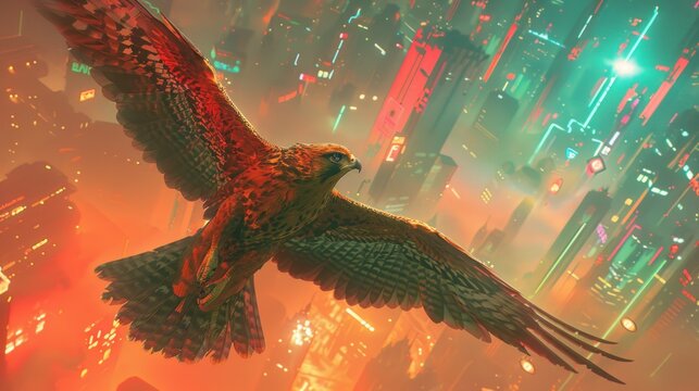 A red hawk flies over a futuristic city with glowing neon lights.