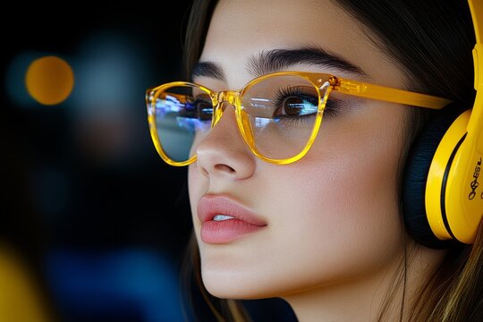 Close-up of a young person with headphones, immersed in music, with a soft smile and relaxed expression