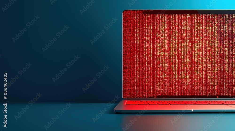 Aufkleber red code streaming on laptop screen digital data technology background