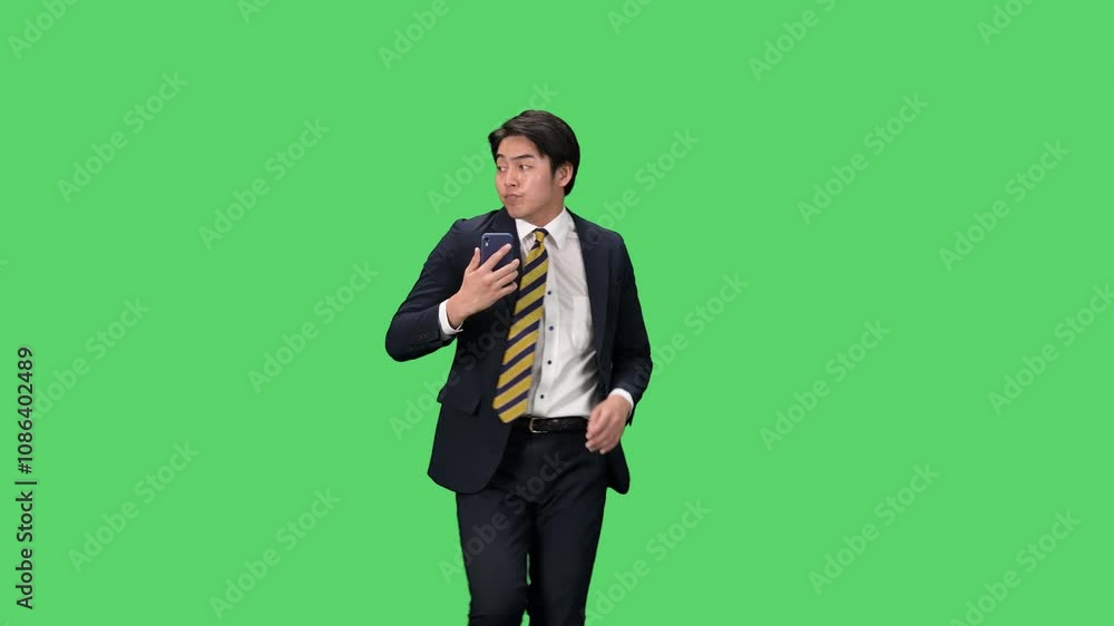 Aufkleber スマホを使いながらダンスする男性ビジネスパーソン　クロマキー合成用グリーンバック映像