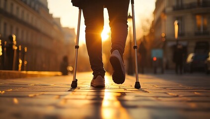 Obraz premium Sunset Stroll: A Person's Determination on Crutches