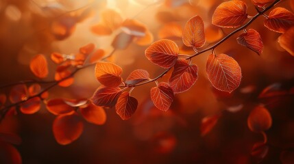 Diverse autumn leaves in warm tones, textured fall background, soft light