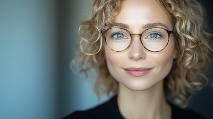 Obraz premium Stylish Young Adult Woman with Curly Hair and Glasses Expressing Confidence and Attractiveness while Smiling in a Bright Indoor Setting