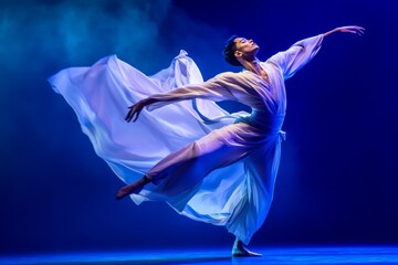 Contemporary dancer in mid-motion wearing a flowing outfit, captured with blurred effect and dramatic lighting on stage