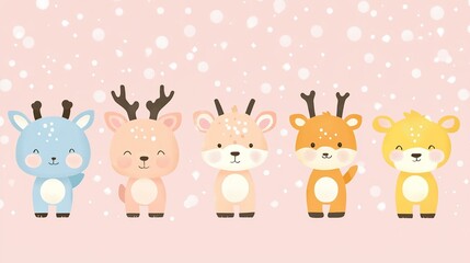 Obraz premium Cute cartoon animals in winter attire against a pink snowy background.