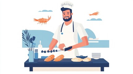 Fototapeta premium Chef Preparing Delicious Seafood Grill