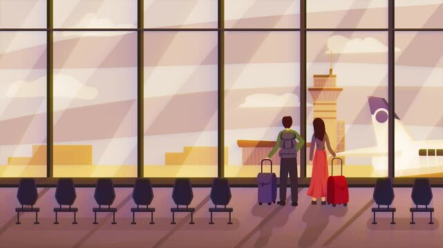Passengers waiting in airport terminal with Luggage and backpack while waiting for the flight. Airport Lounge. Travel, tourism, flying concepts. 2d loop cartoon animation in 4k.