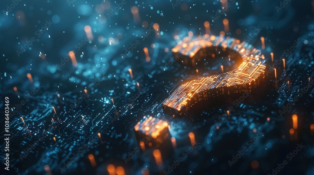 Poster a glowing question mark symbol sits on a circuit board, representing the unknown and digital mysteri