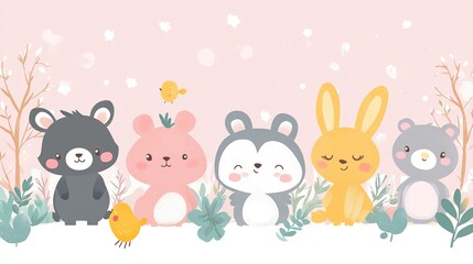 Naklejka premium A cute illustration of five cartoon animals against a pastel background, ideal for children's decor.