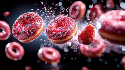 Dynamic shot of strawberry doughnuts in flight, a vibrant sprinkle shower surrounding each piece, capturing textures in HD clarity