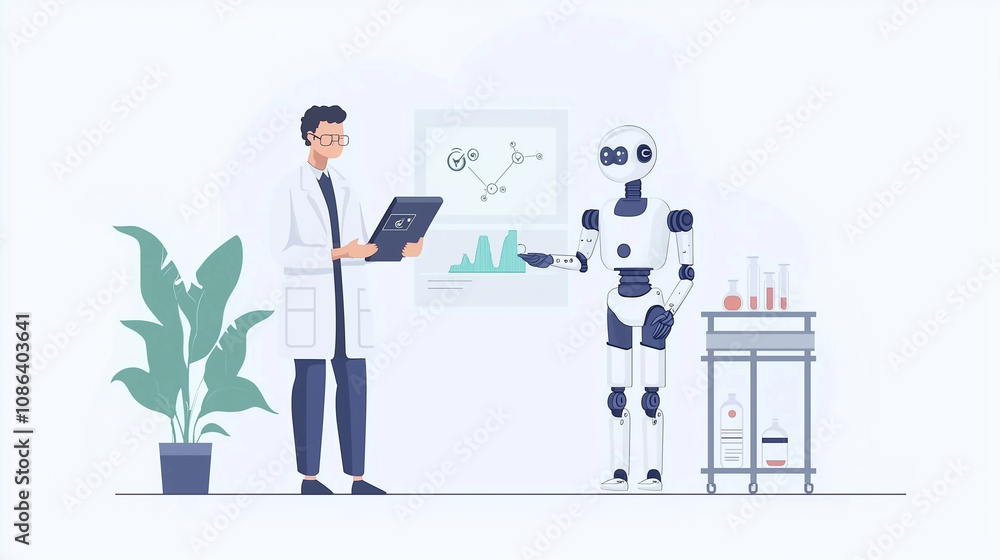 Aufkleber scientist and robot collaborating: a futuristic illustration depicting a scientist and a robot worki