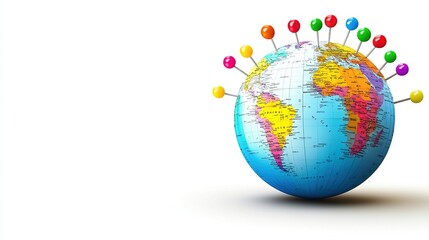 A globe with colorful pins highlighting various locations.