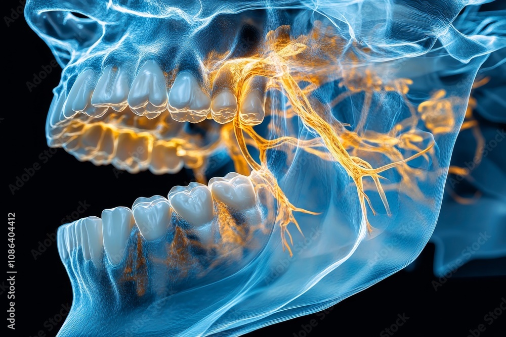 Poster hyper-realistic dental x-ray of molars, showing intricate root structures and jawbone textures