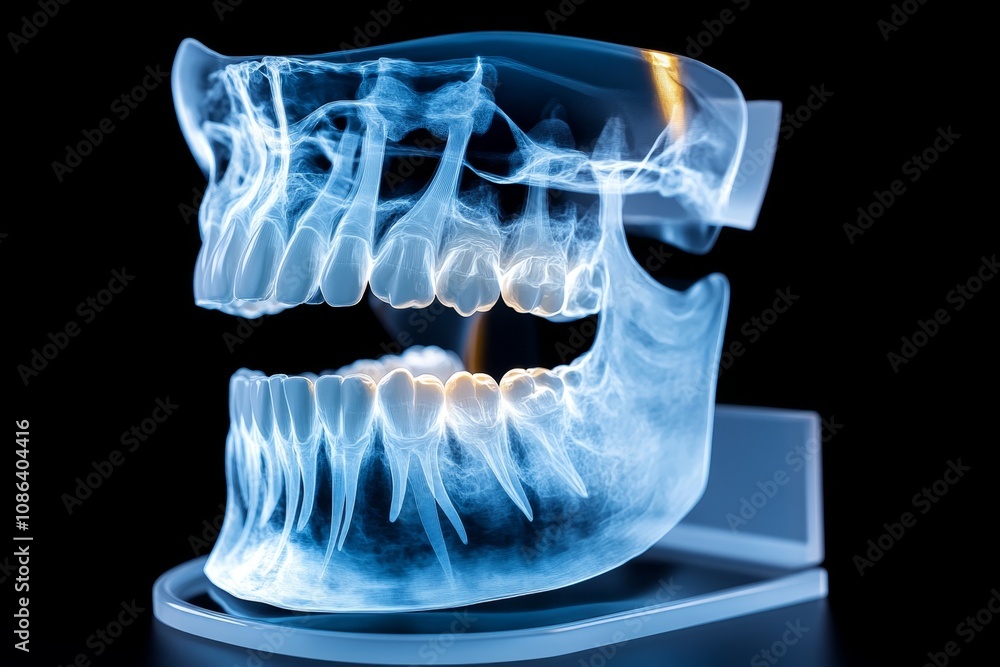 Poster hyper-realistic dental x-ray of molars, showing intricate root structures and jawbone textures