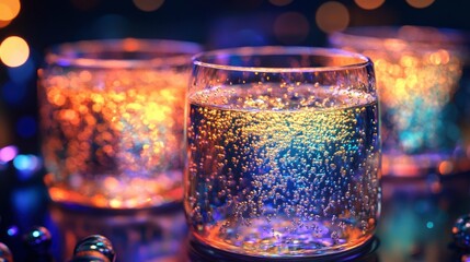New Year's toast featuring glasses of color-changing molecular cocktails, their surfaces shimmering with holographic patterns.