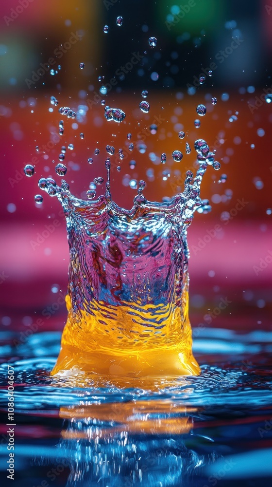 Poster vibrant splash of water with an orange object creating ripples.