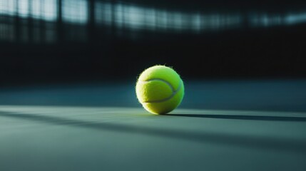 Bright Green Tennis Ball on Court Surface with Soft Focus Background, Perfect for Sports and Recreation Imagery in Indoor Environment