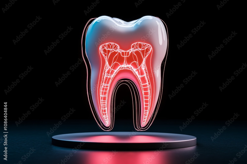 Poster minimalist outline of a tooth in x-ray style, showing root canals and a clean, simple structure