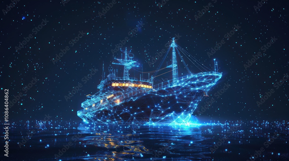 Poster a digital rendering of a ship made of lines and glowing dots sailing across the ocean.