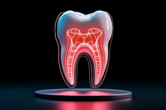 Minimalist outline of a tooth in X-ray style, showing root canals and a clean, simple structure