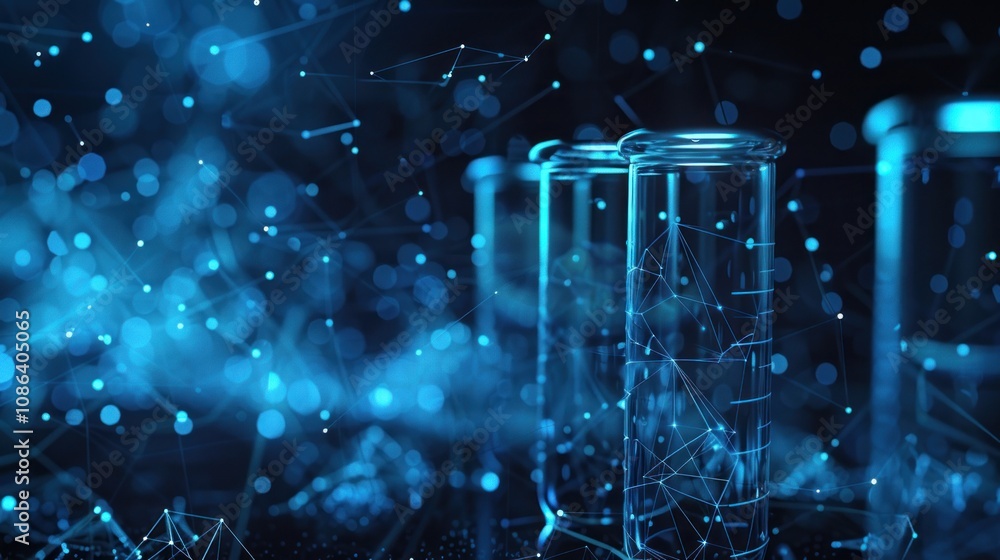 Poster abstract futuristic background with test tubes and glowing lines representing science, research, tec