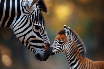 Mother zebra nuzzling her young foal, warm and tender family moment