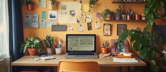A modern home office desk with a laptop, plants, and art supplies on a wooden desk against a yellow wall.