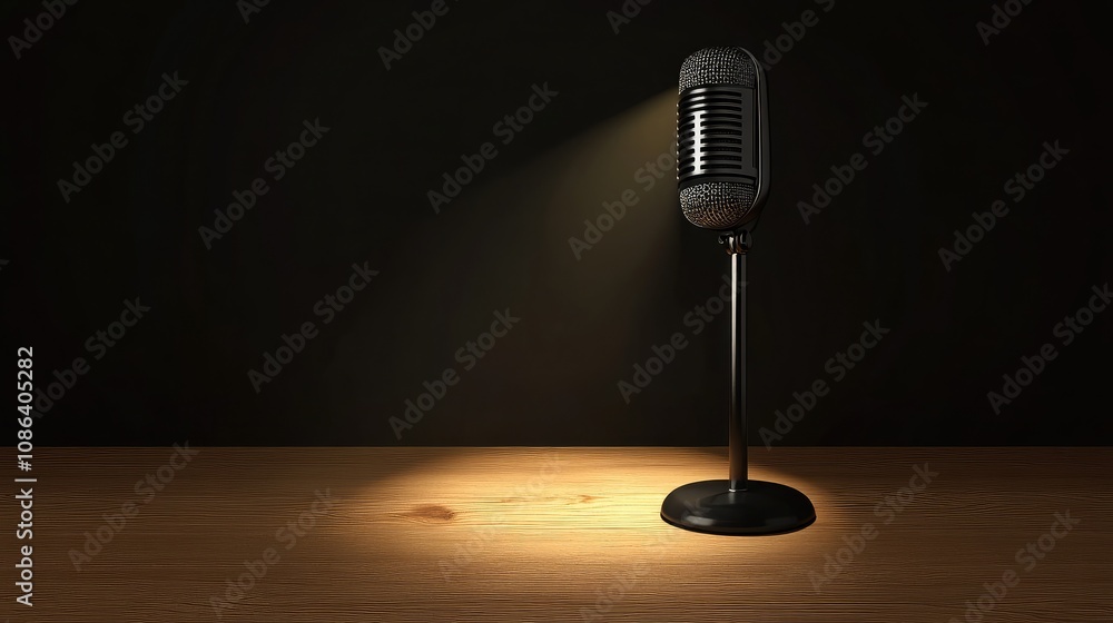 Poster retro style microphone on dark background with soft spotlight creating dramatic atmosphere for music