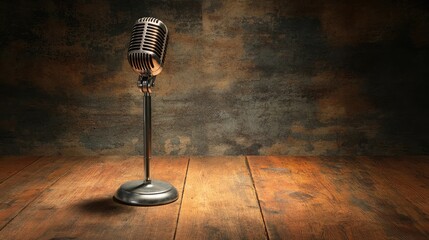 Vintage Microphone on Wooden Surface with Rustic Background, Perfect for Music, Podcast, or Recording Sessions, Evoking Classic Sound and Atmosphere