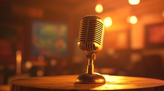 Vintage Microphone on a Wooden Table in a Dimly Lit Room with Warm Light and Bokeh Effects, Perfect for Representing Music, Performance, and Nostalgia