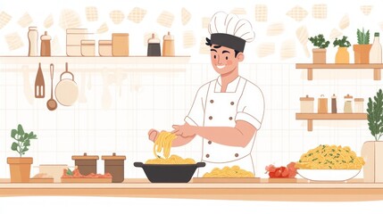 Chef Preparing Delicious Pasta Dish in a Kitchen