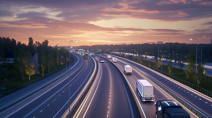 Illuminated highway with autonomous trucks showcasing futuristic logistics technology in a digital landscape.