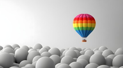 A single rainbow hot air balloon drifting over grey lifeless balloons, creating a striking visual of color amidst uniformity
