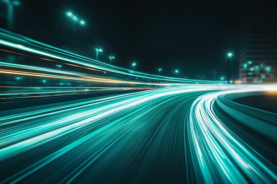 Dynamic green light streaks convey energy and motion in an abstract representation of technology and innovation at night - Powered by Adobe