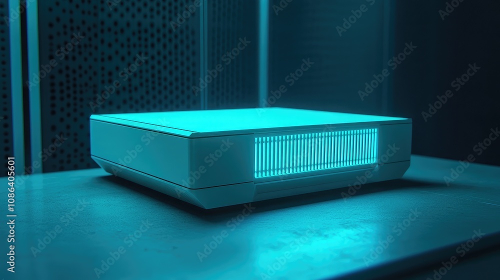 Poster modern digital device with futuristic design glowing in teal light, set against a stylish background