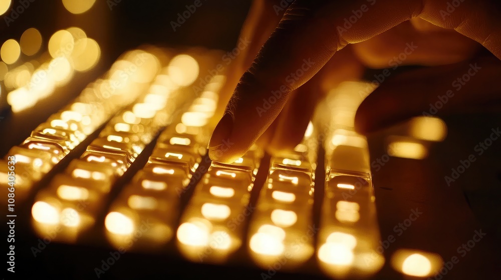 Poster Close-Up of a Hand Typing on a Glowing Keyboard with Warm Light Effects, Creating a Cozy and Inviting Digital Workspace Atmosphere at Night