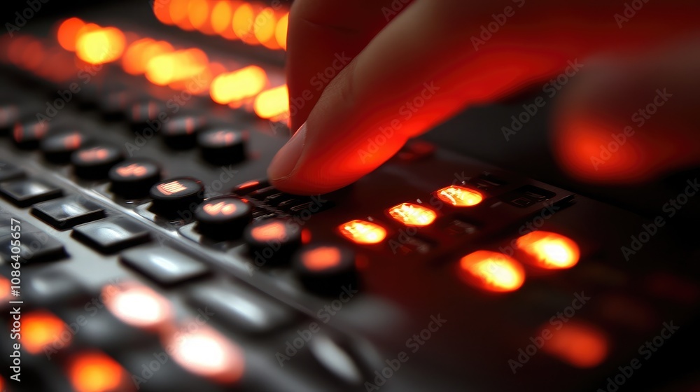 Poster close-up of a hand interacting with a sophisticated sound mixing console with illuminated controls a